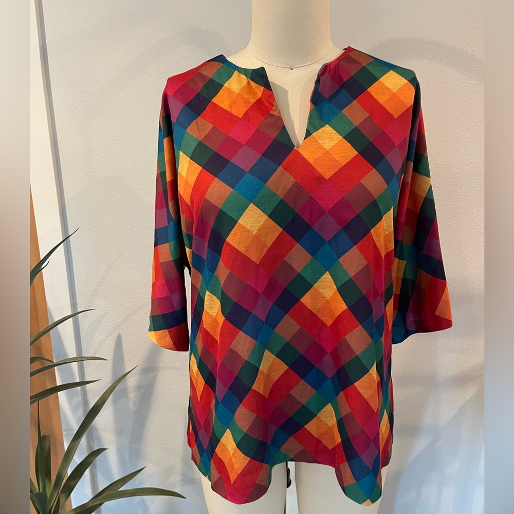 Vintage 70s Handmade Rainbow Colored Dolman Sleeve V Neck Top Size XL -1X